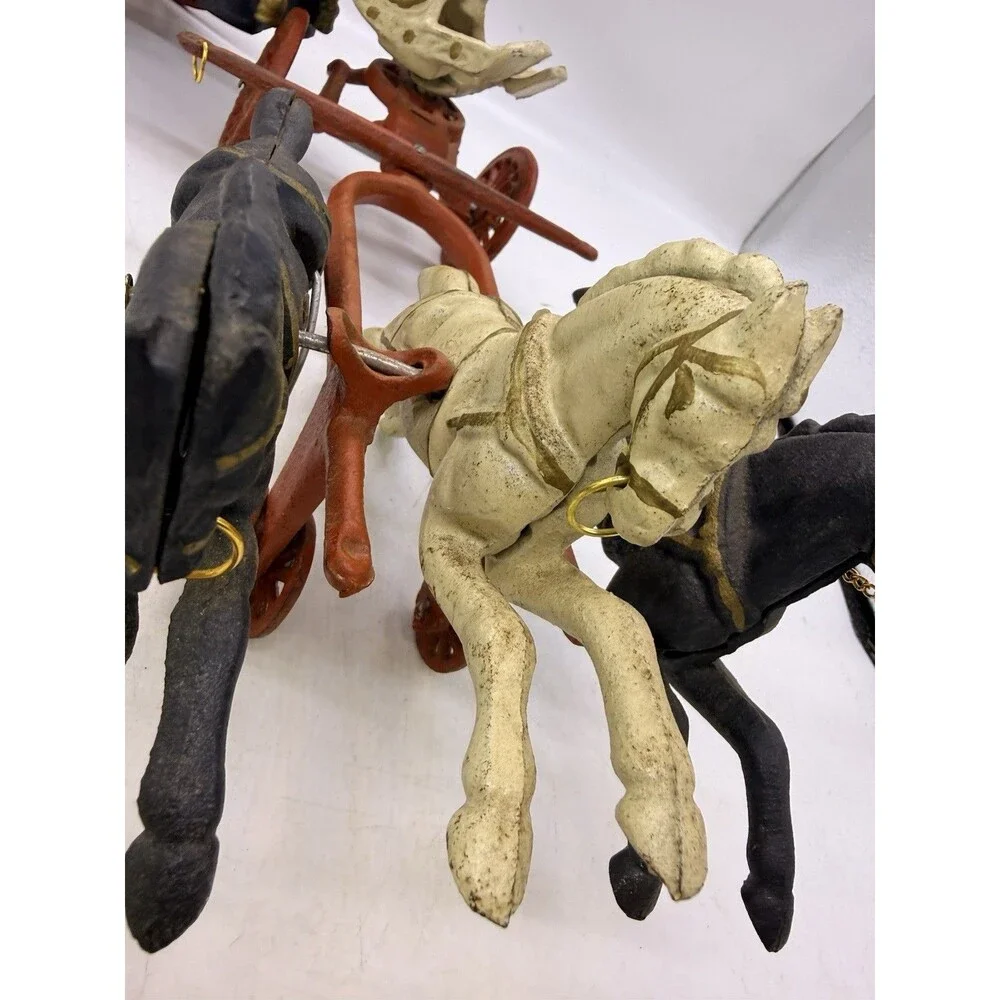 Vintage Cast Iron 3 Horse Drawn Fire Red Wagon Steam Pumper Toy